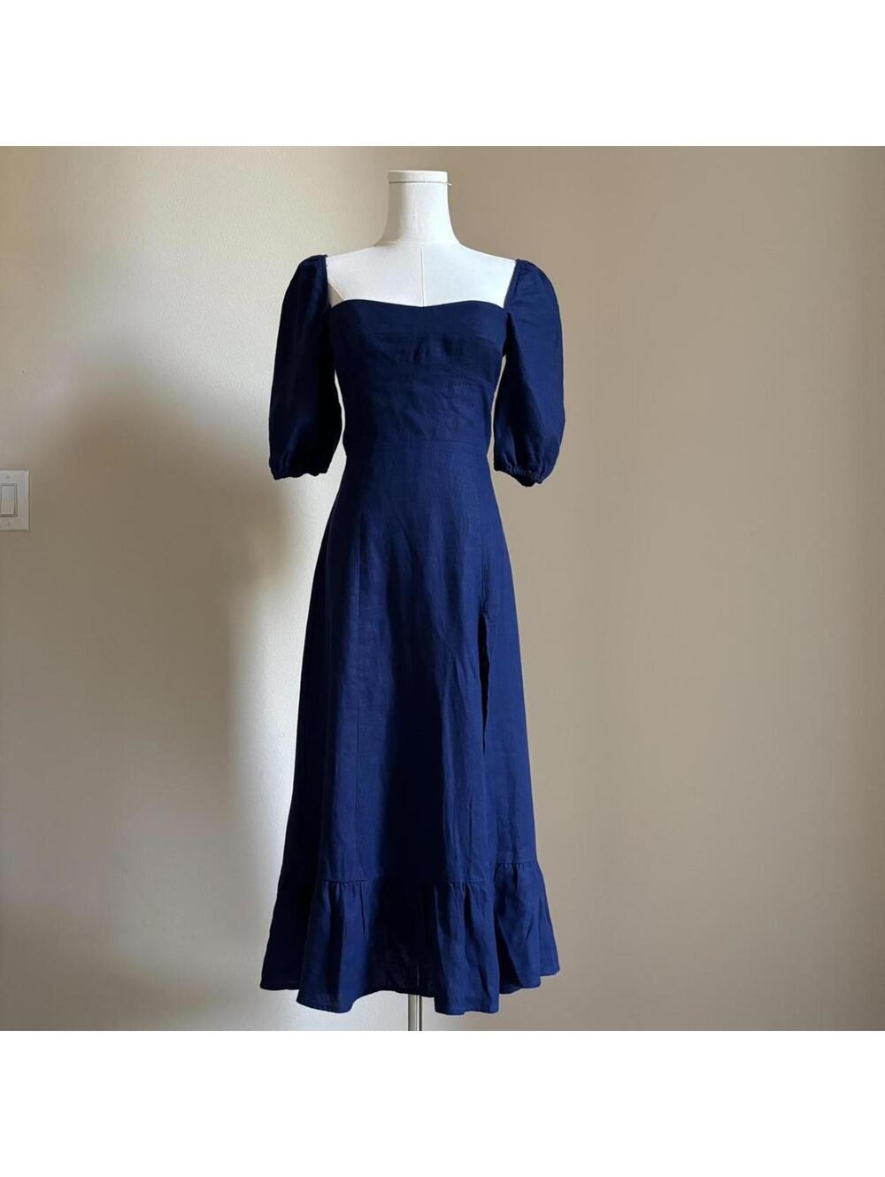 reformation blue linen midi dress with high slit up skirt